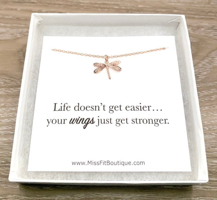 Dragonfly Necklace with Card, Motivational, Strength, Rose Gold, Silver