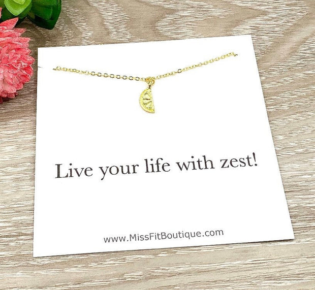 Lemon Necklace, Live Life with Zest Card, Tiny Lemon Slice Pendant, Uplifting Gift for Her, Citrus Jewelry, Fruit Necklace, Summer Jewelry