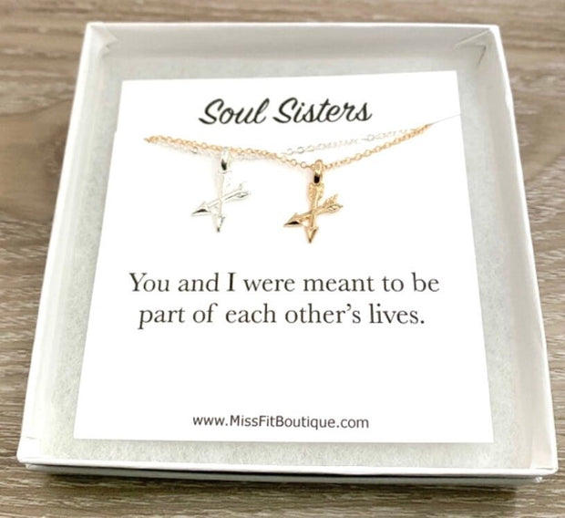 Soul Sisters Necklace, Arrow Necklace Set for 2, Crossing Arrows Pendant, Best Friend Gift, Arrow Jewelry, Sister Birthday Gift, Sorority