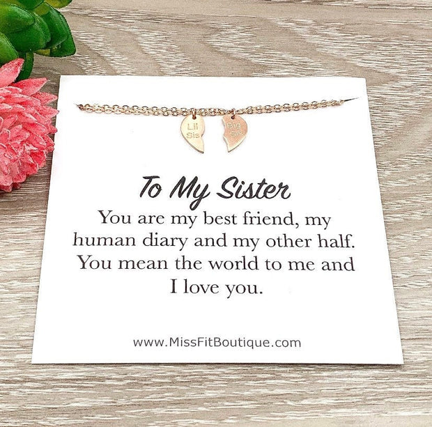 To My Sister Card, Lil Big Sisters Split Hearts Necklace, Matching Necklace Set for 2, Half Heart Pendants, Sisterhood Gift, Best Friends