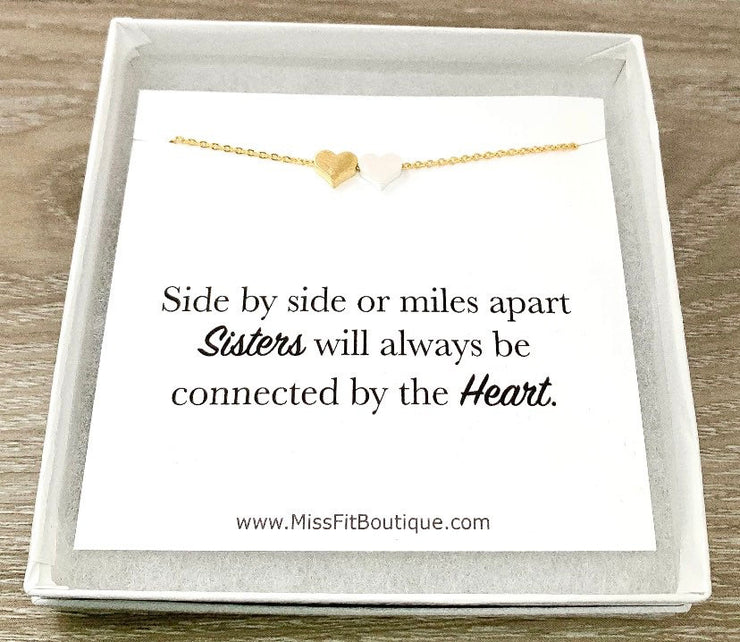 Side by Side, Sisters, Two Heart Necklace with Card, Rose Gold, Silver