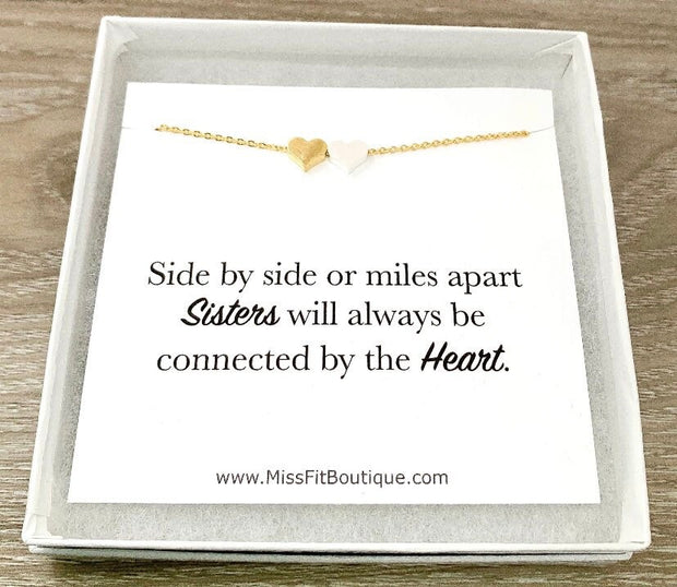 Sister Necklace, Dainty 2 Heart Necklace, Connected by the Heart Quote, Gift for Sister, Sorority Jewelry, Holiday Gift from Sister