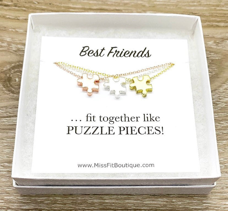 Best Friends Necklace Set for 3, Matching Puzzle Necklaces, Puzzle Jewelry Rose Gold, Friendship Quote Card, Friends Gift, Shareable Jewelry