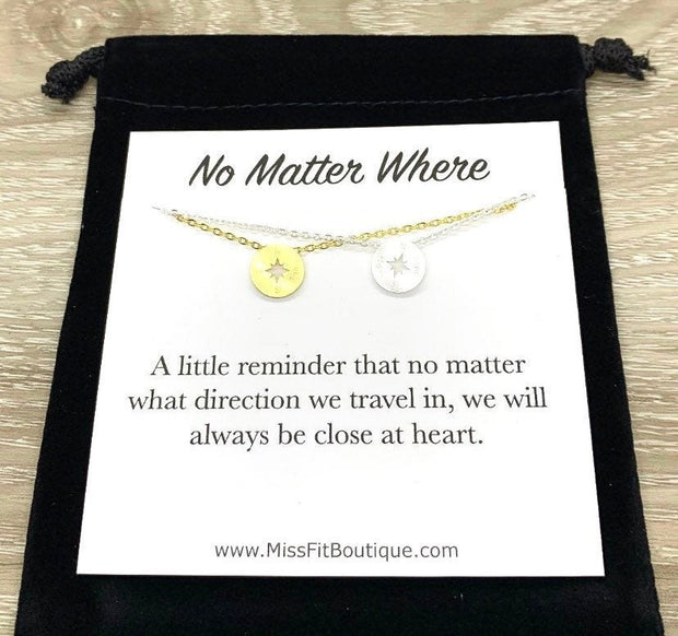 No Matter Where, Compass Necklace Set for 2, Gift from Best Friend, Matching Friendship Necklaces, Going Away Gift, Long Distance Friends