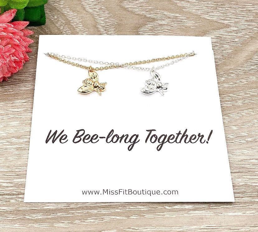 We Belong Together Card, Tiny Bee Necklace Set for 2, Cute Friendship Gift, Bee Jewelry, Two Matching Necklaces, BFF Jewelry Gift, Bestie