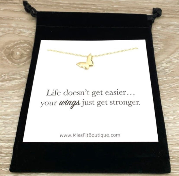 Butterfly Necklace with Inspirational Card, Dainty Jewelry, Wings Just Got Stronger, Strength Gift, Tiny Butterfly, Friendship Necklace