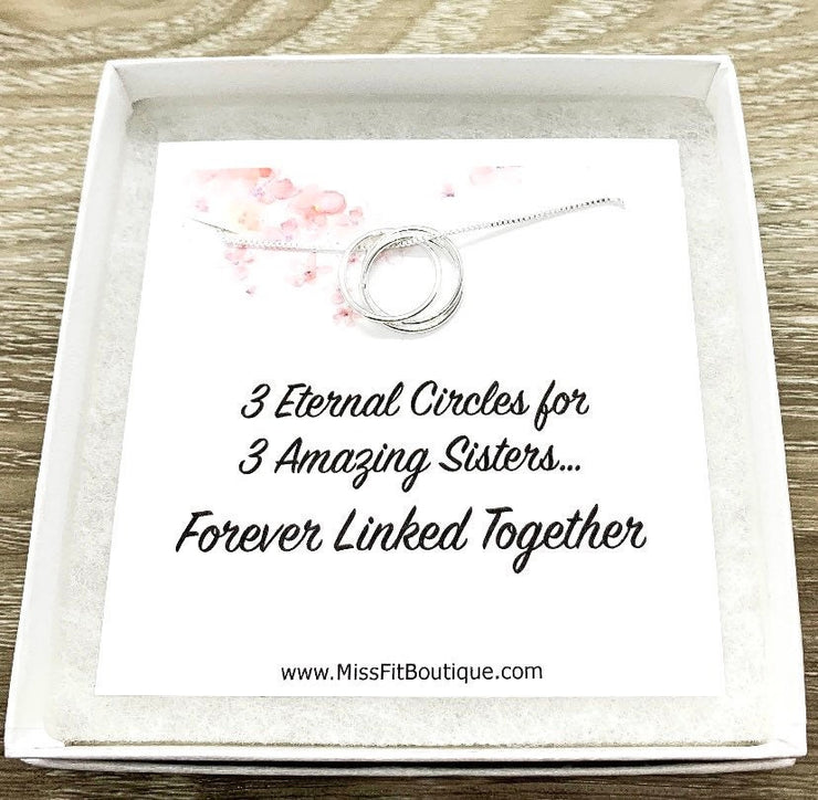 Three Amazing Sisters Gift, 3 Eternal Rings Necklace, Forever Linked Together Card, Gift for Her, Sister Birthday Gift, Jewelry for Women