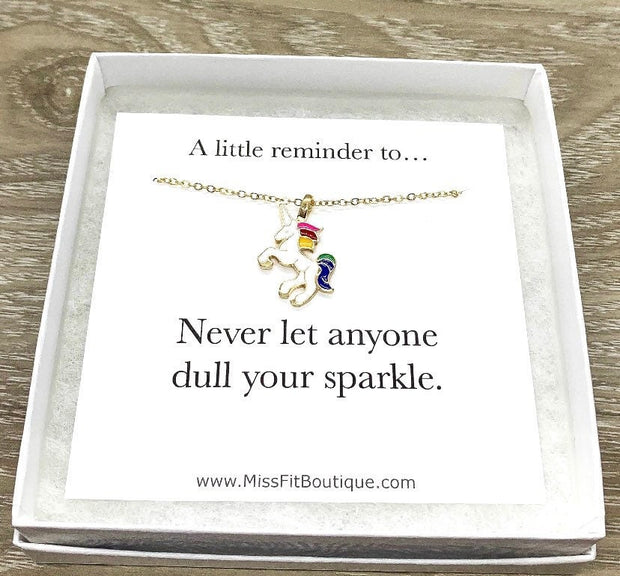 Rainbow Unicorn Necklace, Dull Your Sparkle Quote, Unicorn Jewelry, Unicorn Lover Gift, Unicorn Pendant, Teen Girl Gift, Birthday Gift