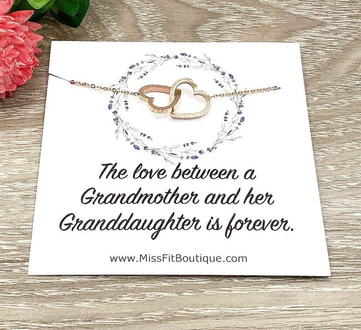 Collier double cœur en or rose, cadeau pour grand-mère et petite-fille, présent symbolique pour l'anniversaire de grand-mère.