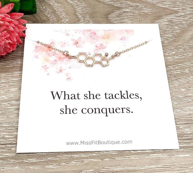 Estrogen Necklace, What She Tackles, She Conquers Quote, Affirmation Gift, Molecular Jewelry, Empowering Gift, Feminist Jewelry, Friendship