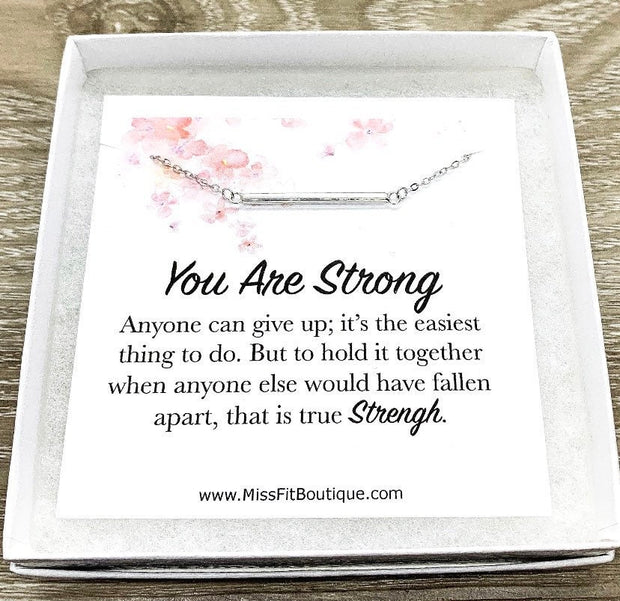 You Are Strong Card, Balance Bar Necklace, Strength Jewelry, Sterling Silver Necklace, Layering Necklace, Gift for Sister, Motivational Gift