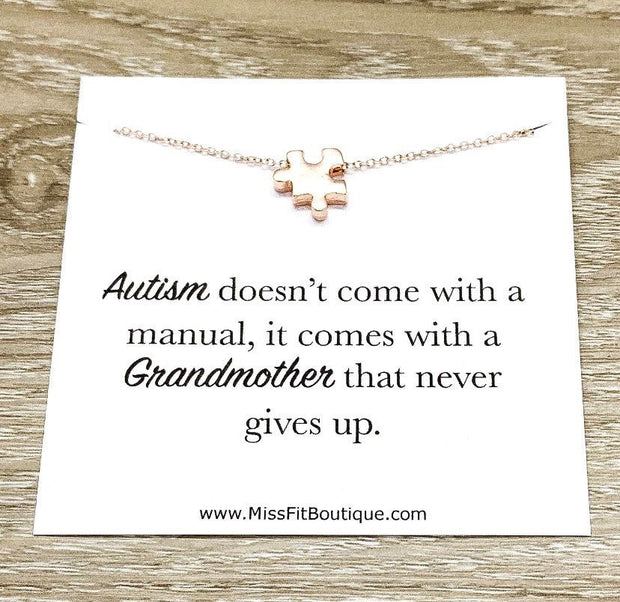 Grandma Necklace, Autism Grandmother Gift, Rose Gold Puzzle Necklace, Silver Puzzle Jewelry, Autism Awareness Necklace, Jigsaw Puzzle Gift