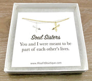 Two Sisters Matching Necklace Set, Dainty Crossing Arrows Necklace, Soul Sisters Card, Gift from Best Friend, BFF Gift, Friendship Gift