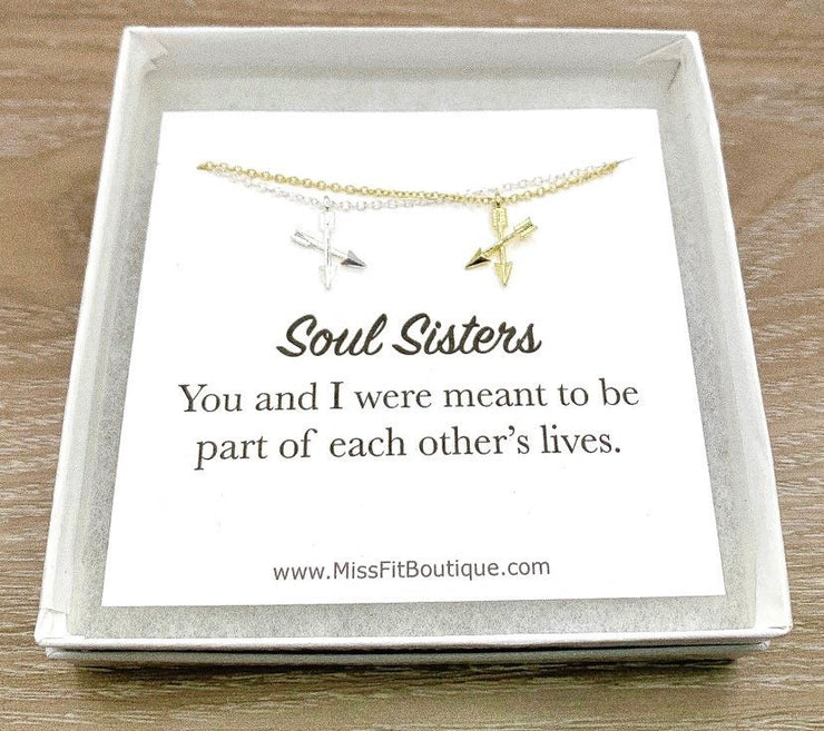 Two Sisters Matching Necklace Set, Dainty Crossing Arrows Necklace, Soul Sisters Card, Gift from Best Friend, BFF Gift, Friendship Gift