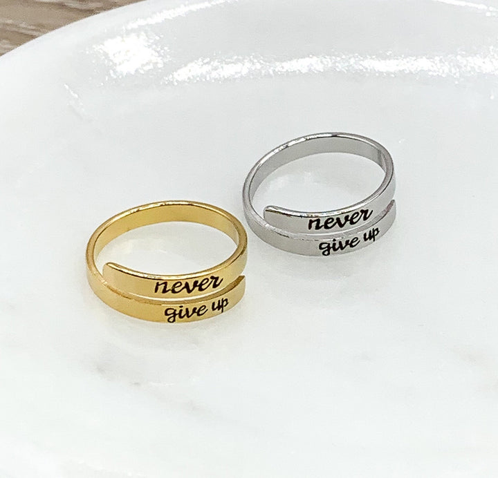 Never Give Up Wrap Ring, Motivational Jewelry, Inspirational Gift, Uplifting Jewelry, Midi Ring, Statement Ring, Gift for Friend, Self Love