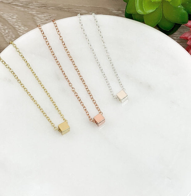 Tiny Cube Necklace, Dainty Geometric Necklace, Layering Pendant, Cube Necklace, Rose Gold Square Pendant, Minimal Necklace, Gift for Friend