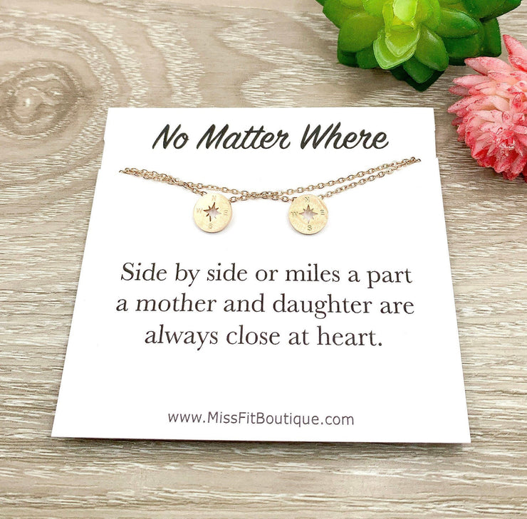 No Matter Where, Mother Daughter Gift, Compass Necklace Set for 2, Matching Necklaces, Going Away Gift, Daughter Moving Away Gift