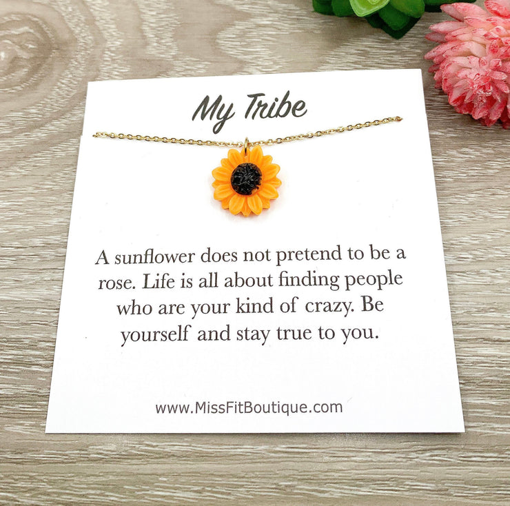 My Tribe Gift, Sunflower Necklace, Girl Gang Gift, Orange Flower Charm Necklace, Floral Jewelry, Friendship Necklace, Best Friend Gift