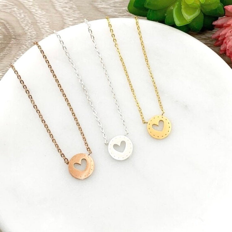 Self Love Necklace, Heart Cutout Necklace, Circle with Heart Pendant, Motherhood Gift, Love You Necklace, Grandma Gift for Granddaughter