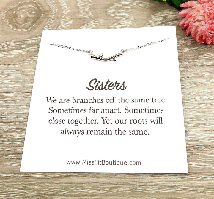 Collier Branche Délicate, Bijou Sœurs, Citation « Branches du Même Arbre », Cadeau pour Sœur, Bijou Minimaliste, Collier Nature