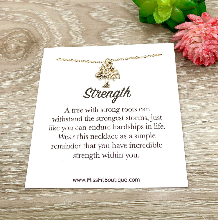 Tiny Tree Necklace, Strength Jewelry, A Tree with Strong Roots Quote, Inspirational Card, Nature Lover Gift, Gift for Survivor, Uplifting