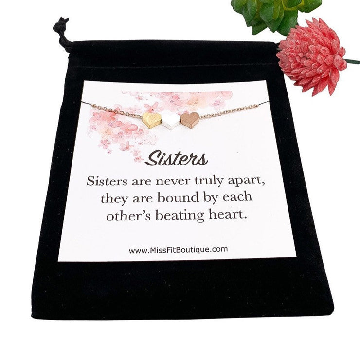 Sisters 3 Hearts Necklace with Card, Gift for Sister, Three Sisters Necklace, Sister Graduation Gift, Sister Birthday Gift, Minimal Jewelry