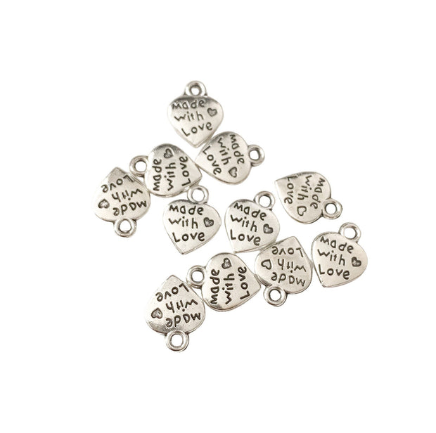 Bulk ‘Made with Love’ Charms, Antique Silver Alloy Heart Pendants, Double-Sided Heart Charms, Tiny Heart Tag Pendants, DIY Jewelry Suppplies