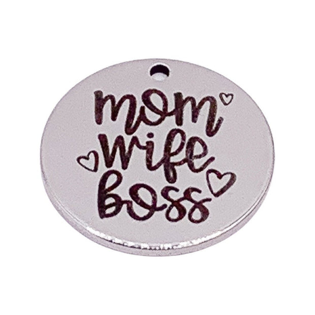 1 Mom Wife Boss Charm, Stainless Steel Charms, Individual Charm, Motherhood Charms, Words Charm, Gift for Mom, Mommy Charm, DIY Jewelry