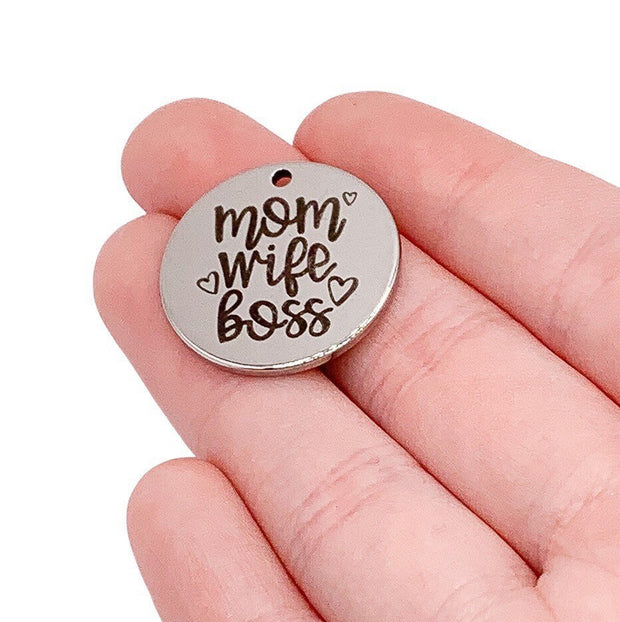 1 Mom Wife Boss Charm, Stainless Steel Charms, Individual Charm, Motherhood Charms, Words Charm, Gift for Mom, Mommy Charm, DIY Jewelry