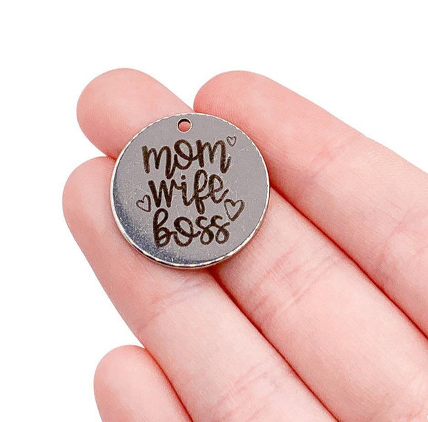 1 Mom Wife Boss Charm, Stainless Steel Charms, Individual Charm, Motherhood Charms, Words Charm, Gift for Mom, Mommy Charm, DIY Jewelry