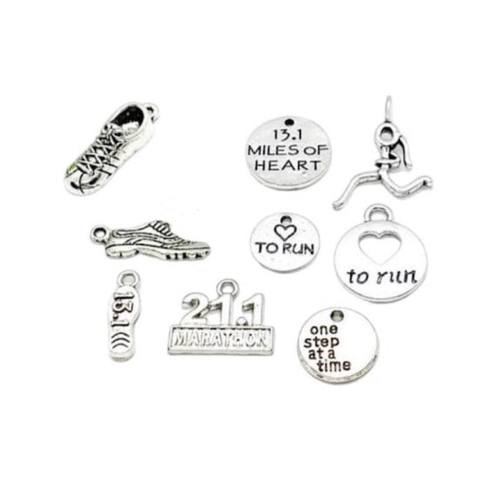 Lot de breloques pour semi-marathon (21 km), breloques course à pied, en vrac, breloques chaussures de course, breloques fitness, apprêts pour bijoux, idée cadeau.