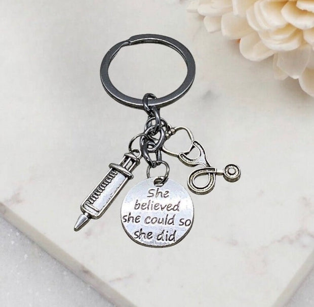 Nurse Keychain, Nurse Gift, She Believed She Could, Medical Charms, Gift for Daughter, Gift for Nursing Student, Nurse Practitioner Gift