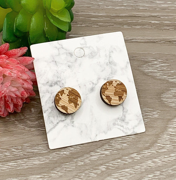 Planet Earth Earrings, Wooden Studs, World Globe Earrings, Laser Engraved Earrings, Canadian Jewelry, Earth Day Earrings, Nature Lover Gift