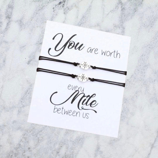 You Are Worth Every Mile Between Us Card, Matching Compass Wish Bracelets, Compass Bracelet Set for Two, Long Distance Friendship Gift