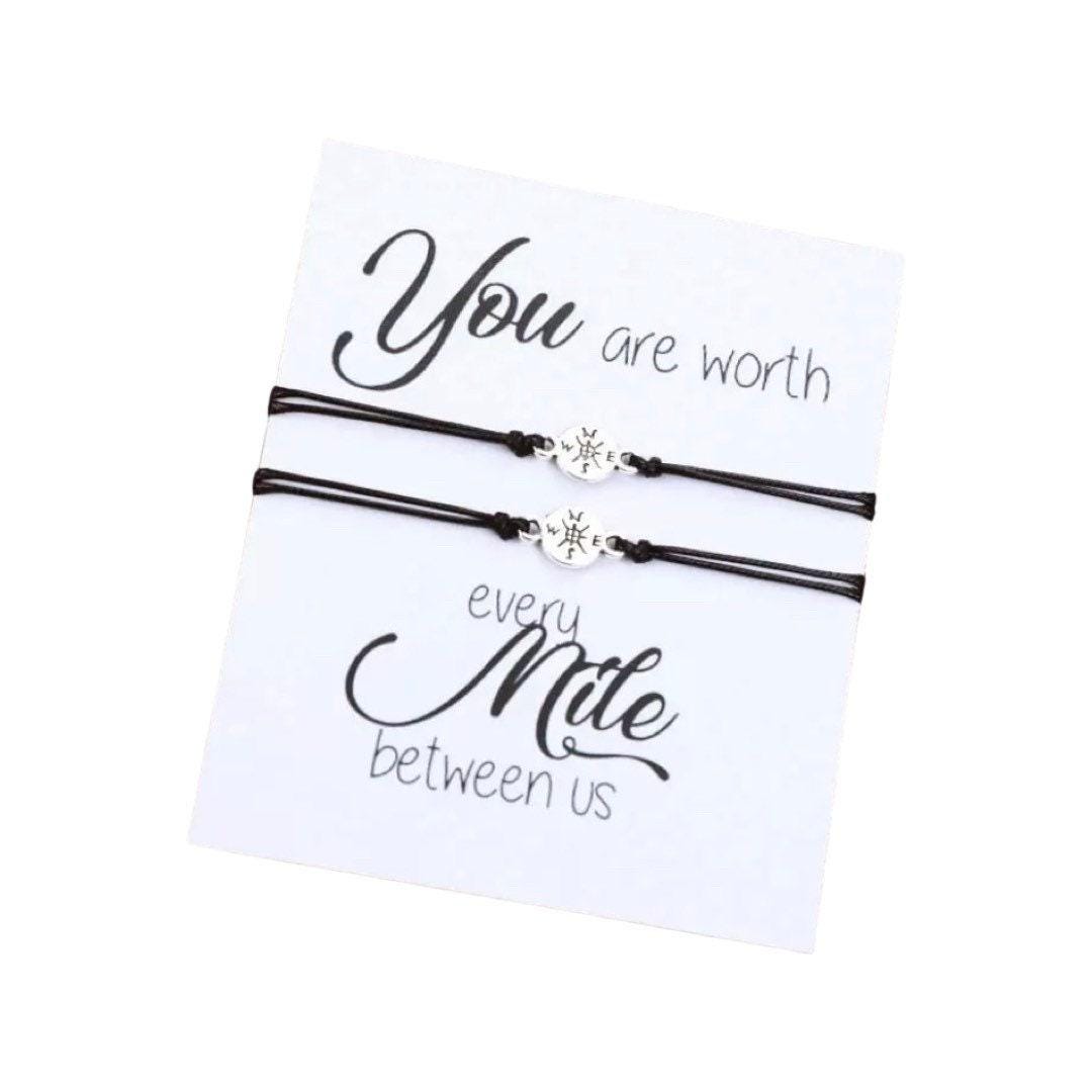 You Are Worth Every Mile Between Us Card, Matching Compass Wish Bracelets, Compass Bracelet Set for Two, Long Distance Friendship Gift
