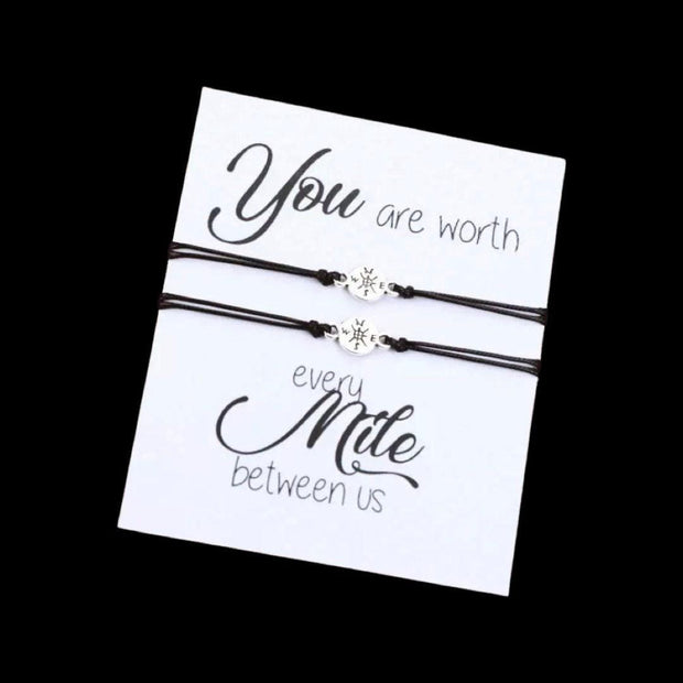 You Are Worth Every Mile Between Us Card, Matching Compass Wish Bracelets, Compass Bracelet Set for Two, Long Distance Friendship Gift