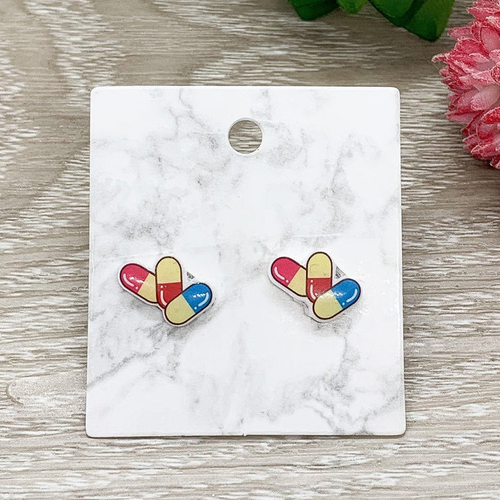 Boucles d'oreilles RX, Boucles d'oreilles pilules kawaii, Puces d'oreilles médicaments, Boucles d'oreilles en plastique rétractable, Bijoux de pharmacien, Boucles d'oreilles sur ordonnance, Bijoux pour professionnels de la santé