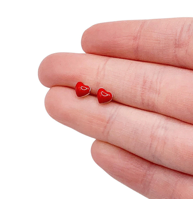 Tiny Red Heart Stud Earrings, Sterling Silver Earrings, Dainty Jewelry, Gift for Daughter, Romantic Jewelry, Gift for Girlfriend, Holidays