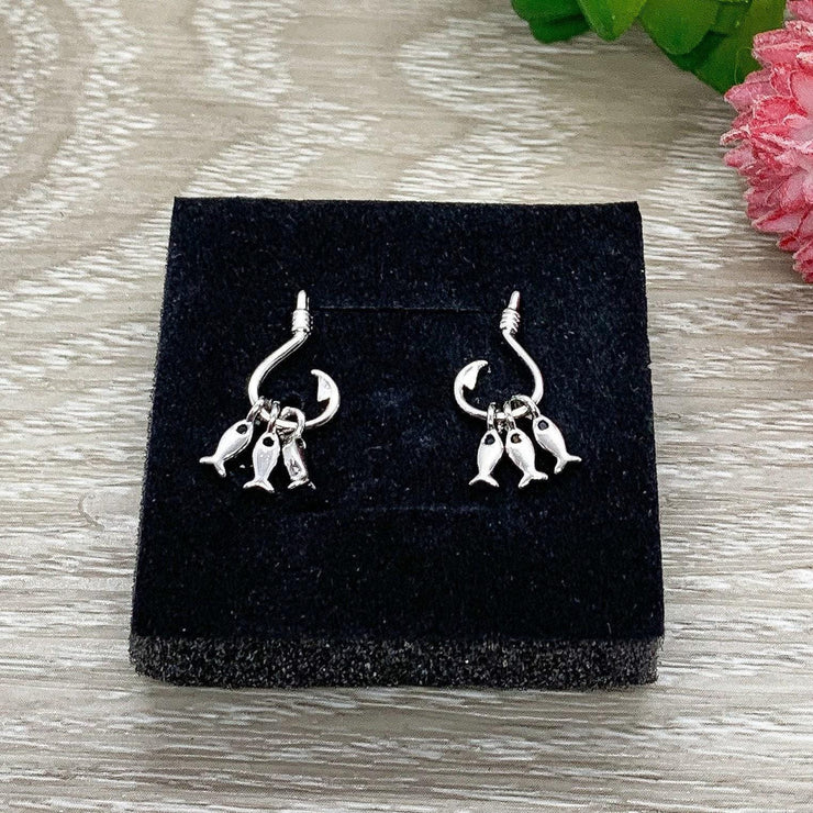 Fishing Earrings, Three Fish Stud Earrings, Fish Hook Studs, Sterling Silver Jewelry, Fish Hook Jewelry for Her, Fisherman Earrings