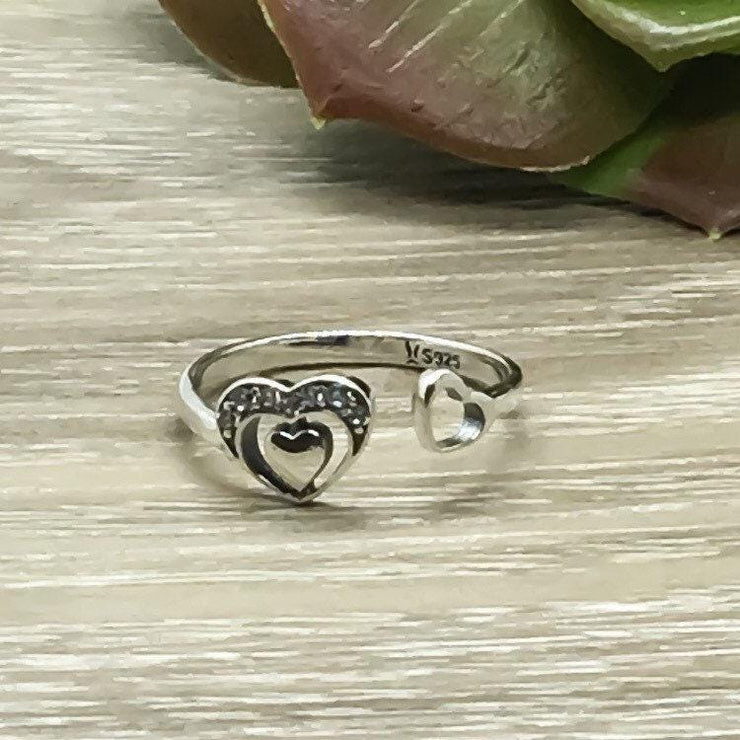 925 Sterling Silver Heart Ring, Dainty Heart Jewelry, Double Hearts Statement Ring, Adjustable Ring for Her, Anniversary Ring for Wife