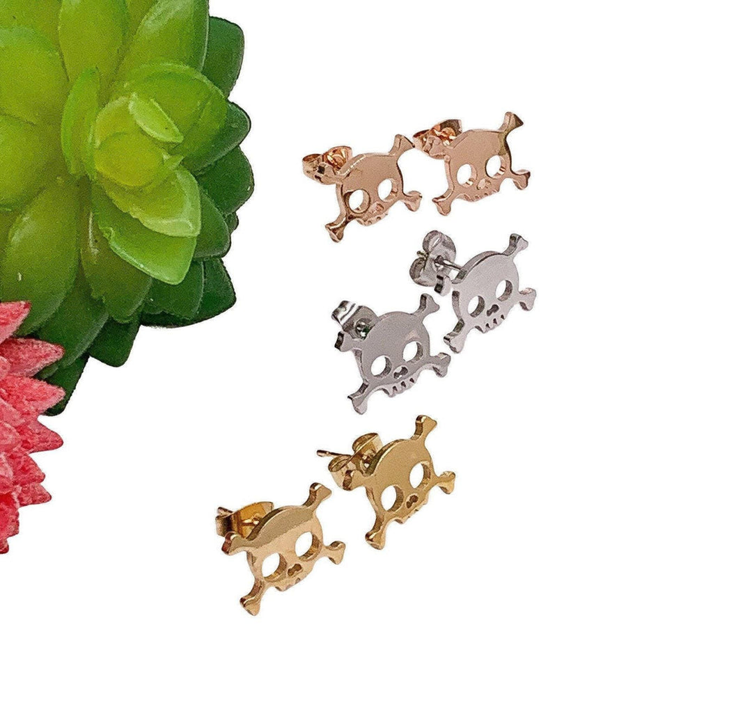 Skull Earrings, Skull and Bones Stud Earrings, Badass Jewelry, Spooky Earrings, Anatomy Earrings, Skeleton Studs, Halloween Jewelry for Her