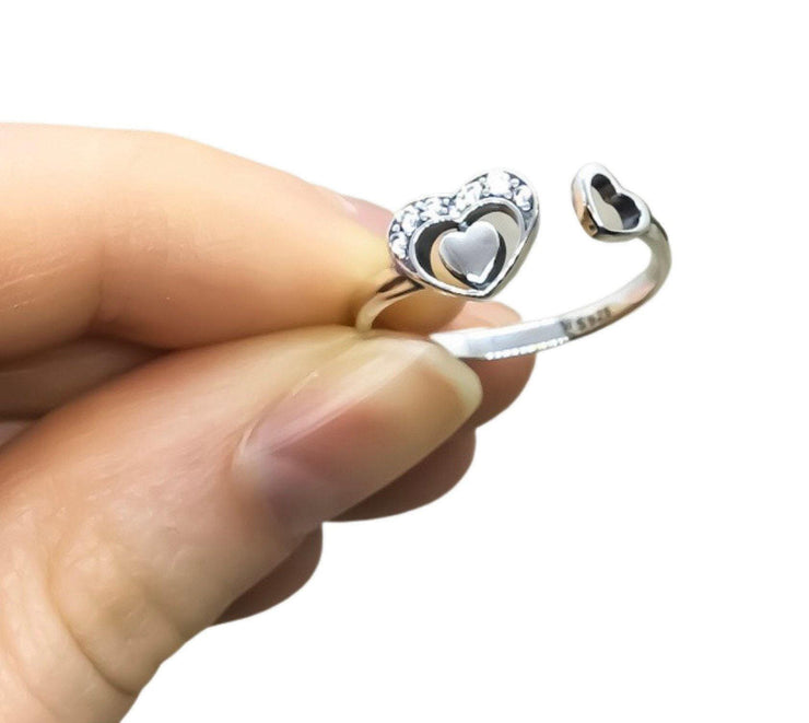 925 Sterling Silver Heart Ring, Dainty Heart Jewelry, Double Hearts Statement Ring, Adjustable Ring for Her, Anniversary Ring for Wife