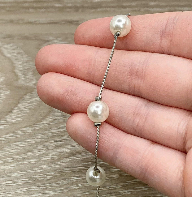 Pearl Station Necklace, Pearl Jewelry, Minimalist Necklace, Bridal Necklace, Wedding Jewelry, Bridesmaid Gift, Elegant Necklace, For Mother