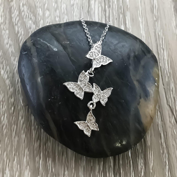 Tiny Butterflies Necklace Silver, Cubic Zirconia Butterfly Jewelry, Gift for Insect Lovers, Bug Necklace, Spring Jewelry, Dainty Necklace