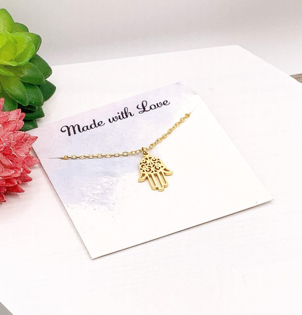 Hamsa Hand Necklace Gold, Protection Gift, Spiritual Jewelry, Hand of Fatima Necklace, Hanukkah Gift for Her, Positive Energy Charm