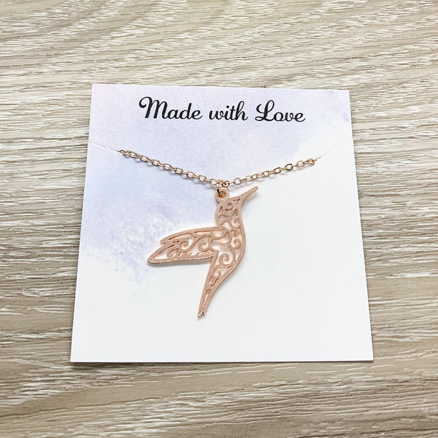 Hummingbird Necklace Rose Gold, Hummingbird Charm Necklace, Bird Gift, Wildlife Jewelry, Dainty Necklace, Summer Jewelry, Christmas Gift