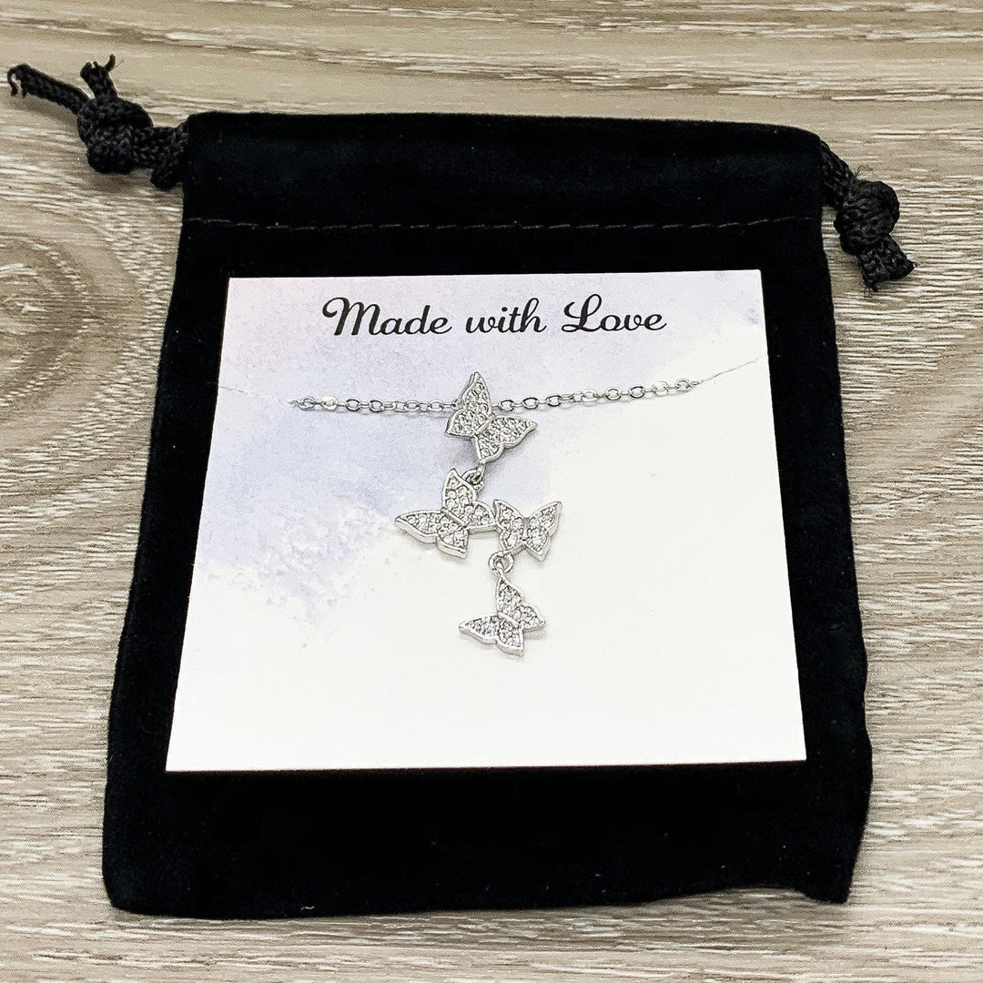 Collier papillons miniatures en argent, bijoux papillon en zircone cubique, cadeau pour les amoureux des insectes, collier insectes, bijoux de printemps, collier délicat
