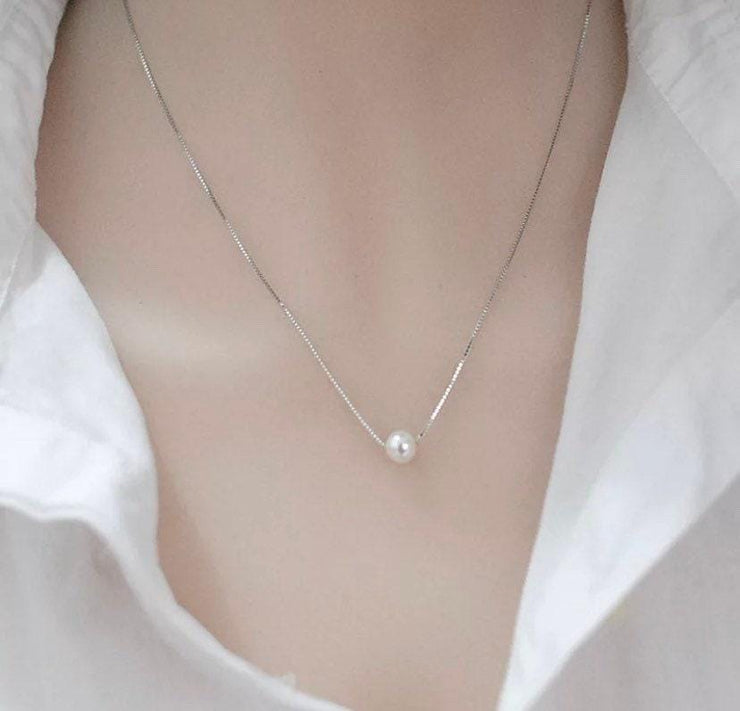 Single Floating Pearl Necklace, Pearl Pendant, Minimalist Necklace, Bridal Necklace, Wedding Jewelry, Bridesmaid Gift, Gift for Mama