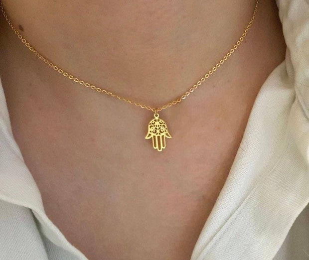 Hamsa Hand Necklace Gold, Protection Gift, Spiritual Jewelry, Hand of Fatima Necklace, Hanukkah Gift for Her, Positive Energy Charm