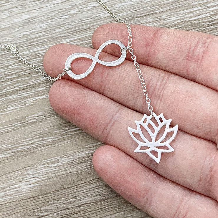 Lotus Flower Necklace, Lariat Lotus Necklace, Yoga Necklace, Floral Pendant, Yoga Lover Gift, Zen Necklace, Layering Necklace